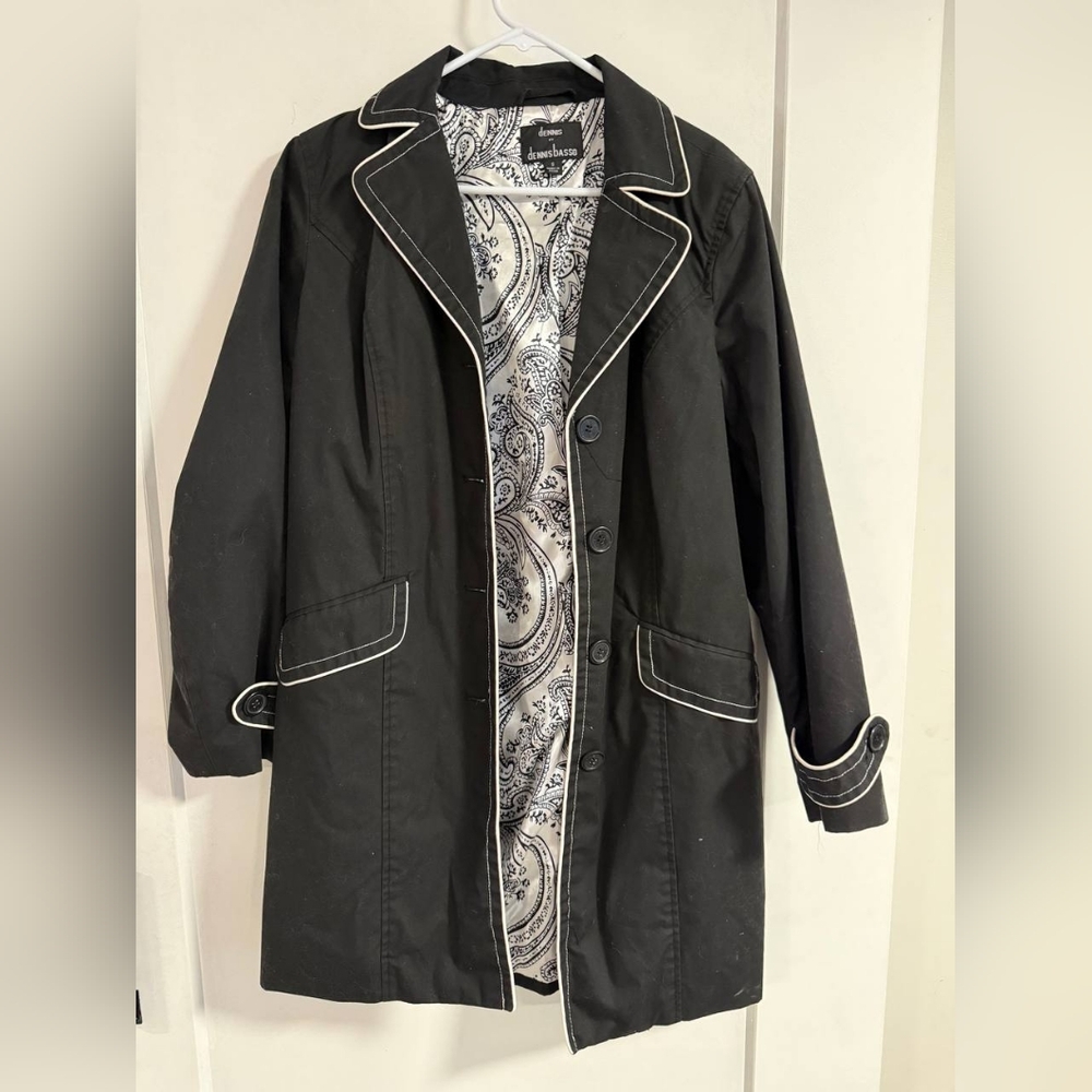 Dennis Basso Black Trench Coat with White Piping